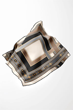 Twill Gold Detaylı ve Antik Motif Desenli Gri Renkli 90x90 Eşarp (İpek İçermez) Kenar Dikiş Şekli El Dikişli