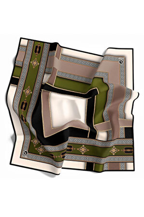 Twill Gold Detaylı ve Antik Motif Desenli Haki Yeşil Renkli 90x90 Eşarp (İpek İçermez) Kenar Dikiş Şekli El Dikişli