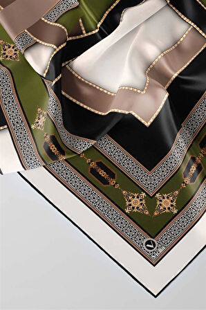 Twill Gold Detaylı ve Antik Motif Desenli Haki Yeşil Renkli 90x90 Eşarp (İpek İçermez) Kenar Dikiş Şekli El Dikişli