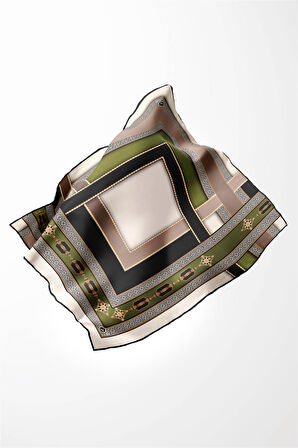 Twill Gold Detaylı ve Antik Motif Desenli Haki Yeşil Renkli 90x90 Eşarp (İpek İçermez) Kenar Dikiş Şekli El Dikişli