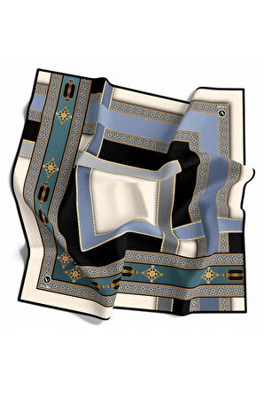 Twill Gold Detaylı ve Antik Motif Desenli Petrol Yeşili - İndigo Renkli 90x90 Eşarp (İpek İçermez) Kenar Dikiş Şekli El Dikişli