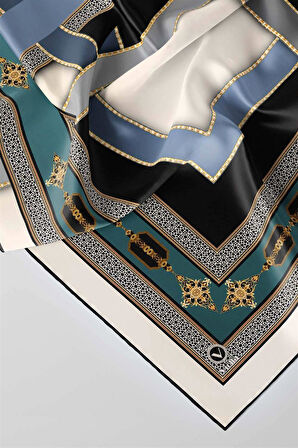Twill Gold Detaylı ve Antik Motif Desenli Petrol Yeşili - İndigo Renkli 90x90 Eşarp (İpek İçermez) Kenar Dikiş Şekli El Dikişli