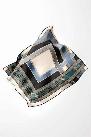 Twill Gold Detaylı ve Antik Motif Desenli Petrol Yeşili - İndigo Renkli 90x90 Eşarp (İpek İçermez) Kenar Dikiş Şekli El Dikişli