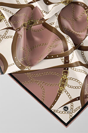 Twill Kemer ve Zincir Desenli Pudra Renkli 90x90 Eşarp (İpek İçermez) Kenar Dikiş Şekli El Dikişli