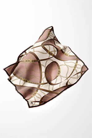 Twill Kemer ve Zincir Desenli Pudra Renkli 90x90 Eşarp (İpek İçermez) Kenar Dikiş Şekli El Dikişli