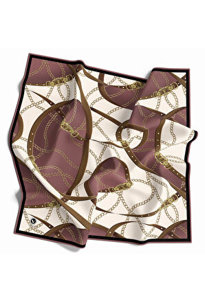 Twill Kemer ve Zincir Desenli Gül Kurusu Renkli 90x90 Eşarp (İpek İçermez) Kenar Dikiş Şekli El Dikişli