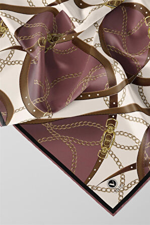Twill Kemer ve Zincir Desenli Gül Kurusu Renkli 90x90 Eşarp (İpek İçermez) Kenar Dikiş Şekli El Dikişli