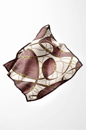 Twill Kemer ve Zincir Desenli Gül Kurusu Renkli 90x90 Eşarp (İpek İçermez) Kenar Dikiş Şekli El Dikişli