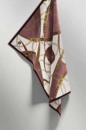 Twill Kemer ve Zincir Desenli Gül Kurusu Renkli 90x90 Eşarp (İpek İçermez) Kenar Dikiş Şekli El Dikişli