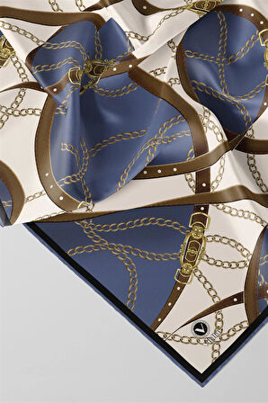 Twill Kemer ve Zincir Desenli İndigo Renkli 90x90 Eşarp (İpek İçermez) Kenar Dikiş Şekli El Dikişli