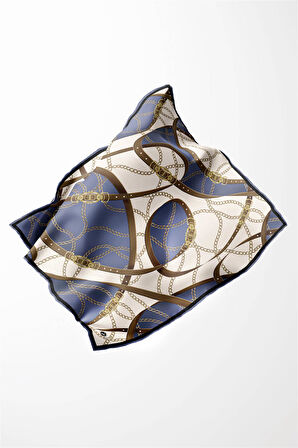 Twill Kemer ve Zincir Desenli İndigo Renkli 90x90 Eşarp (İpek İçermez) Kenar Dikiş Şekli El Dikişli