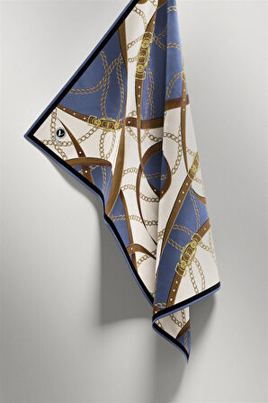 Twill Kemer ve Zincir Desenli İndigo Renkli 90x90 Eşarp (İpek İçermez) Kenar Dikiş Şekli El Dikişli