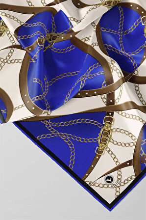 Twill Kemer ve Zincir Desenli Saks Renkli 90x90 Eşarp (İpek İçermez) Kenar Dikiş Şekli El Dikişli