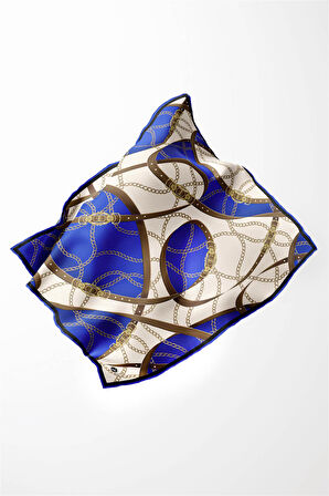 Twill Kemer ve Zincir Desenli Saks Renkli 90x90 Eşarp (İpek İçermez) Kenar Dikiş Şekli El Dikişli