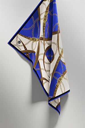 Twill Kemer ve Zincir Desenli Saks Renkli 90x90 Eşarp (İpek İçermez) Kenar Dikiş Şekli El Dikişli