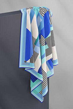 100% Twill İpek Geometrik Desenli Bebe Mavisi - Saks Renkli 90x90 Dikim Şekli : El Dikişi Eşarp