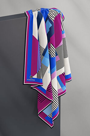 100% Twill İpek Geometrik Desenli Saks - Fuşya Renkli 90x90 Dikim Şekli : El Dikişi Eşarp