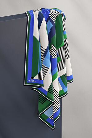 100% Twill İpek Geometrik Desenli Saks - Zümrüt Yeşili Renkli 90x90 Dikim Şekli : El Dikişi Eşarp