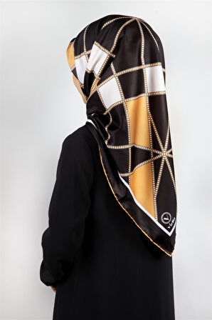 Twill Gold Detaylı Geometrik Çiçekli Desenli Hardal Renkli 90x90 Eşarp (İpek İçermez) Kenar Dikiş Şekli El Dikişli