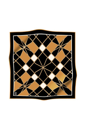 Twill Gold Detaylı Geometrik Çiçekli Desenli Hardal Renkli 90x90 Eşarp (İpek İçermez) Kenar Dikiş Şekli El Dikişli
