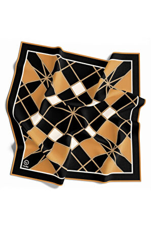 Twill Gold Detaylı Geometrik Çiçekli Desenli Hardal Renkli 90x90 Eşarp (İpek İçermez) Kenar Dikiş Şekli El Dikişli