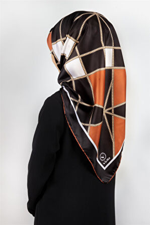 Twill Gold Detaylı Geometrik Çiçekli Desenli Taba Renkli 90x90 Eşarp (İpek İçermez) Kenar Dikiş Şekli El Dikişli