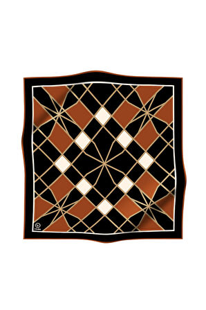 Twill Gold Detaylı Geometrik Çiçekli Desenli Taba Renkli 90x90 Eşarp (İpek İçermez) Kenar Dikiş Şekli El Dikişli