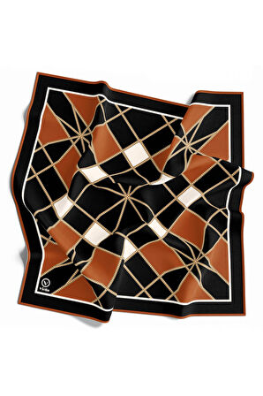 Twill Gold Detaylı Geometrik Çiçekli Desenli Taba Renkli 90x90 Eşarp (İpek İçermez) Kenar Dikiş Şekli El Dikişli