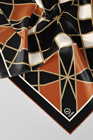 Twill Gold Detaylı Geometrik Çiçekli Desenli Taba Renkli 90x90 Eşarp (İpek İçermez) Kenar Dikiş Şekli El Dikişli