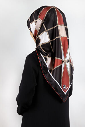 Twill Gold Detaylı Geometrik Çiçekli Desenli Bordo Renkli 90x90 Eşarp (İpek İçermez) Kenar Dikiş Şekli El Dikişli