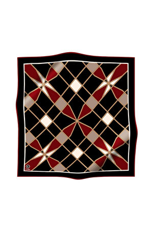 Twill Gold Detaylı Geometrik Çiçekli Desenli Bordo Renkli 90x90 Eşarp (İpek İçermez) Kenar Dikiş Şekli El Dikişli
