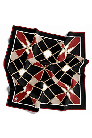 Twill Gold Detaylı Geometrik Çiçekli Desenli Bordo Renkli 90x90 Eşarp (İpek İçermez) Kenar Dikiş Şekli El Dikişli