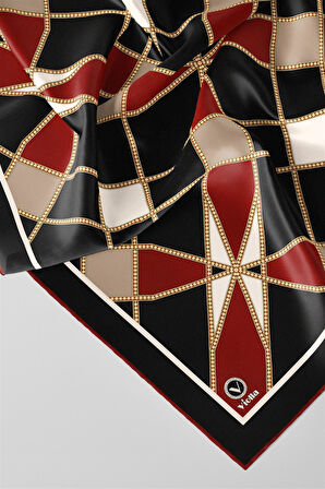 Twill Gold Detaylı Geometrik Çiçekli Desenli Bordo Renkli 90x90 Eşarp (İpek İçermez) Kenar Dikiş Şekli El Dikişli