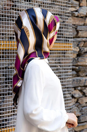 %100 Twil İpek Kemer Desenli Lacivert - Fuşya Renkli 90x90 Eşarp Dikim Şekli : El Dikişi