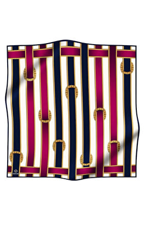 %100 Twil İpek Kemer Desenli Lacivert - Fuşya Renkli 90x90 Eşarp Dikim Şekli : El Dikişi