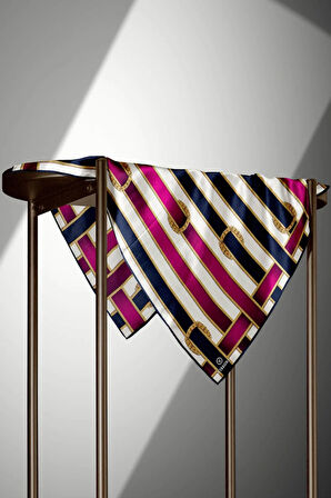 %100 Twil İpek Kemer Desenli Lacivert - Fuşya Renkli 90x90 Eşarp Dikim Şekli : El Dikişi