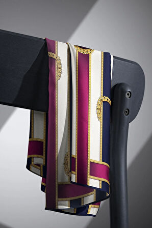 %100 Twil İpek Kemer Desenli Lacivert - Fuşya Renkli 90x90 Eşarp Dikim Şekli : El Dikişi