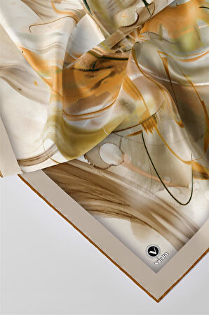 Twill Çiçek Tablo Desenli Hardal Renkli 90x90 Eşarp (İpek İçermez) Kenar Dikiş Şekli El Dikişli