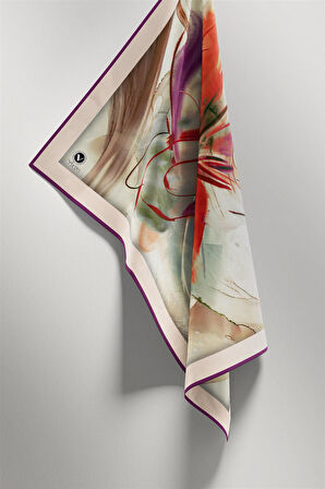 Twill Çiçek Tablo Desenli Mürdüm Renkli 90x90 Eşarp (İpek İçermez) Kenar Dikiş Şekli El Dikişli