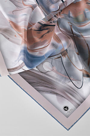 Twill Çiçek Tablo Desenli İndigo Renkli 90x90 Eşarp (İpek İçermez) Kenar Dikiş Şekli El Dikişli