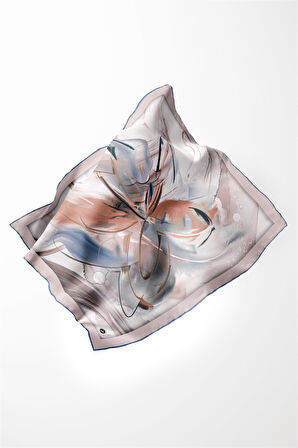 Twill Çiçek Tablo Desenli İndigo Renkli 90x90 Eşarp (İpek İçermez) Kenar Dikiş Şekli El Dikişli