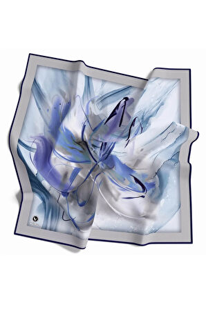 Twill Çiçek Tablo Desenli Lacivert Renkli 90x90 Eşarp (İpek İçermez) Kenar Dikiş Şekli El Dikişli