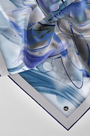 Twill Çiçek Tablo Desenli Lacivert Renkli 90x90 Eşarp (İpek İçermez) Kenar Dikiş Şekli El Dikişli