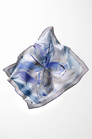 Twill Çiçek Tablo Desenli Lacivert Renkli 90x90 Eşarp (İpek İçermez) Kenar Dikiş Şekli El Dikişli