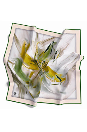 Twill Çiçek Tablo Desenli Zümrüt Yeşili Renkli 90x90 Eşarp (İpek İçermez) Kenar Dikiş Şekli El Dikişli