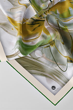 Twill Çiçek Tablo Desenli Zümrüt Yeşili Renkli 90x90 Eşarp (İpek İçermez) Kenar Dikiş Şekli El Dikişli