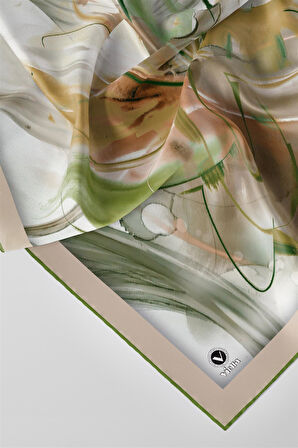 Twill Çiçek Tablo Desenli Haki Yeşili Renkli 90x90 Eşarp (İpek İçermez) Kenar Dikiş Şekli El Dikişli