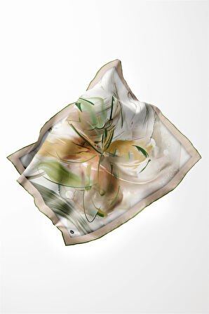 Twill Çiçek Tablo Desenli Haki Yeşili Renkli 90x90 Eşarp (İpek İçermez) Kenar Dikiş Şekli El Dikişli