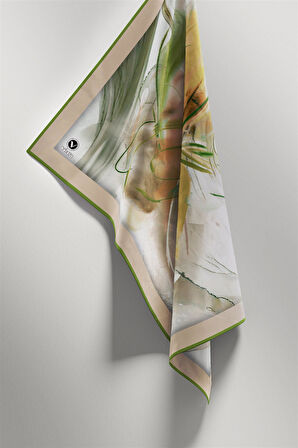 Twill Çiçek Tablo Desenli Haki Yeşili Renkli 90x90 Eşarp (İpek İçermez) Kenar Dikiş Şekli El Dikişli