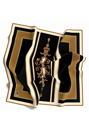 Twill Barok Desenli Hardal Renkli 90x90 Eşarp (İpek İçermez) Kenar Dikiş Şekli El Dikişli